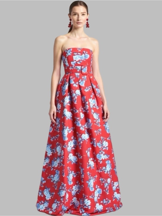 Sachin + Babi Dresses & Skirts - Sachin + Babi Red Strapless Floral Ball Gown with Blue Print
